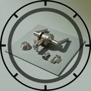 Front door hardware set, matched finish — Handleset, deadbolt, viewer, strike