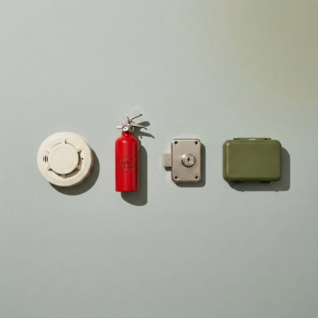 Complete household outfit — Detection, extinguishers, first aid, egress